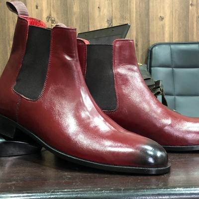 Handmade men's tone burgundy ankle chelsea leather boot - Thumbnail 4