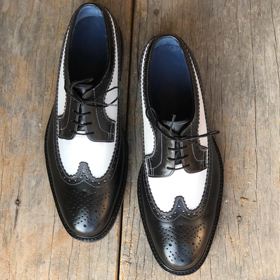 Handmade white & black wing tip brogue leather lace up shoes for men's - Thumbnail 5