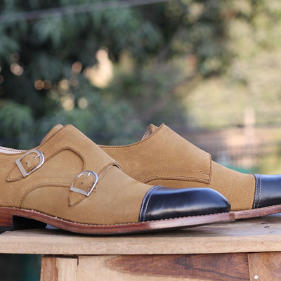 Men's handmade beige black cap toe double monk strap leather suede shoes  - Thumbnail 4