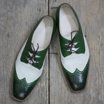 Handmade white & green wing tip brogue leather lace up shoes for men's - Thumbnail 4