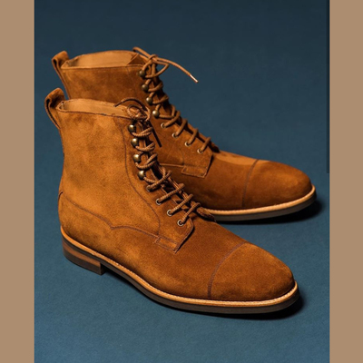 Men's handmade ankle high tan cap toe suede lace up boot - Thumbnail 5