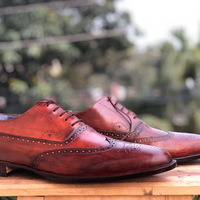 Handmade Brown Wing Tip Brogue Leather Lace Up Shoes For Men's - Thumbnail 2