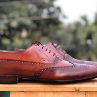 Handmade Brown Wing Tip Brogue Leather Lace Up Shoes For Men's - Thumbnail 3
