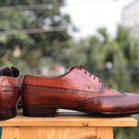 Handmade Brown Wing Tip Brogue Leather Lace Up Shoes For Men's - Thumbnail 4