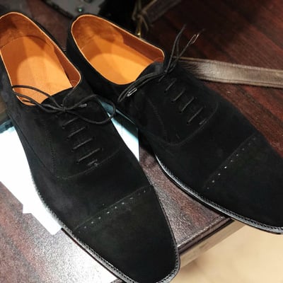 Men's handmade black cap toe suede lace up shoes for men's - Thumbnail 4