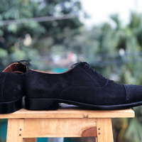 Men's Handmade Black Cap Toe Suede Lace Up Shoes For Men's - Thumbnail 1