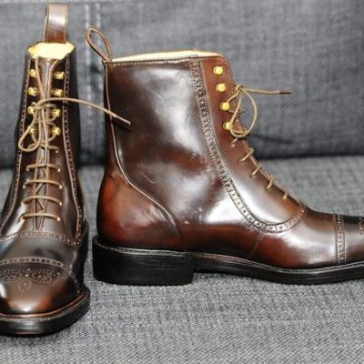 Men's handmade ankle high tone cognac cap toe brogue leather lace up boot - Thumbnail 4