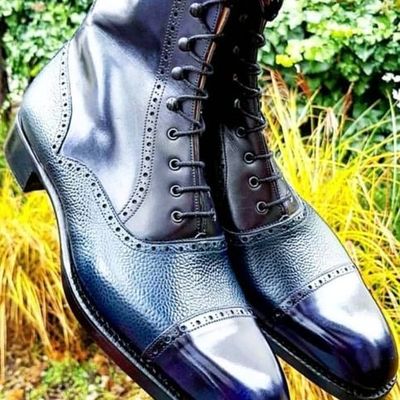 Men's handmade ankle high blue cap toe pebbled leather lace up boot - Thumbnail 1