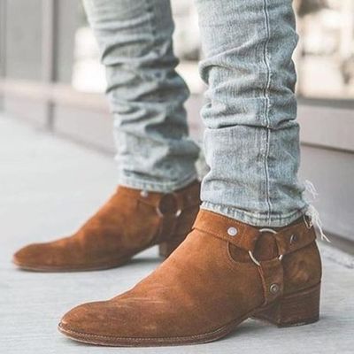 Handmade men's half ankle tan madrid straps suede boot - Thumbnail 5