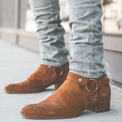 Handmade Men's Half Ankle Tan Madrid Straps Suede Boot