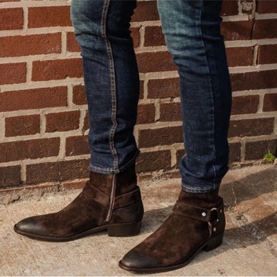 Handmade men's chocolate brown madrid straps & side zipper suede boot - Thumbnail 2