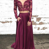 Elegant Two Piece A-Line V Neck Long Sleeve Burgundy Satin Long Prom Dresses with Lace,Evening Party Dresses - Thumbnail 1
