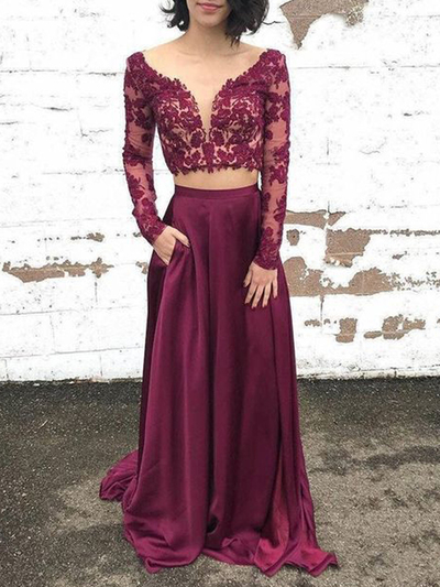 Elegant Two Piece A-Line V Neck Long Sleeve Burgundy Satin Long Prom Dresses with Lace,Evening Party Dresses