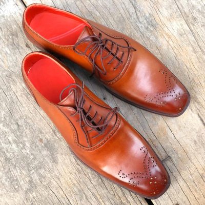 Men's handmade stylish tan brogue leather lace up shoes - Thumbnail 3