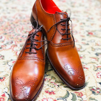 Men's Handmade Stylish Tan Brogue Leather Lace Up Shoes - Thumbnail 1