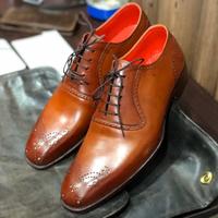 Men's Handmade Stylish Tan Brogue Leather Lace Up Shoes - Thumbnail 3