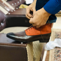 Men's Handmade Ankle High Tan & Chocolate Brown Leather Suede Lace Up Boot - Thumbnail 1