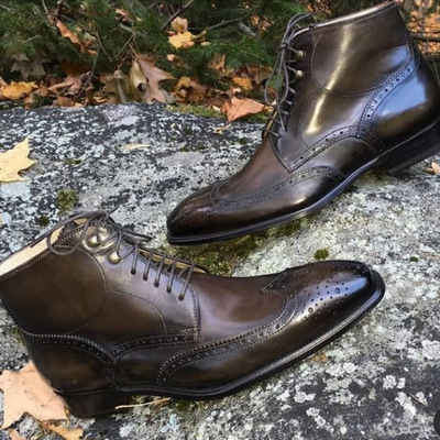 Men's handmade half ankle chocolate brown wing tip brogue leather lace up boot - Thumbnail 2