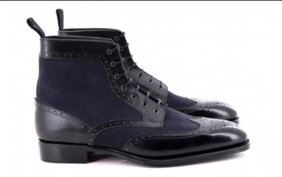 Men's Handmade Half Ankle Navy Blue & Black Wing Tip Brogue Leather Suede Lace Up Boot