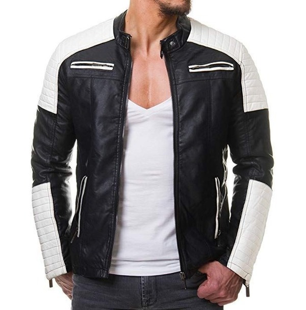 Handmade Mens Black and White Slim Fit Biker Jacket, Men Leather Jacket
