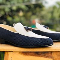 Handmade White & Blue Men's Cotroy Leather Tussles Loafers Shoes For Men's - Thumbnail 1