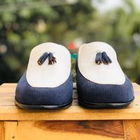 Handmade White & Blue Men's Cotroy Leather Tussles Loafers Shoes For Men's - Thumbnail 3