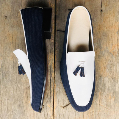 Handmade white & blue men's cotroy leather tussles loafers shoes for men's - Thumbnail 2