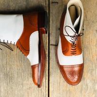 Men's Handmade White & Tan Cap Toe  Brogue Ankle High Boots Men's Leather Lace Up Boot - Thumbnail 2