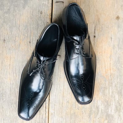 Men's handmade stylish black brogue leather lace up shoes - Thumbnail 2