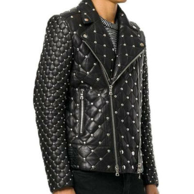 Handmade studded quilted biker jacket men, designer fashion leather jacket - Thumbnail 4