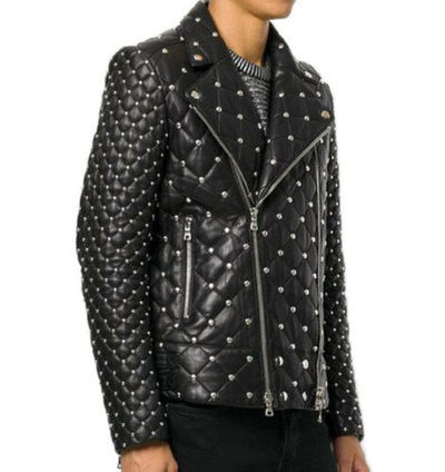 Handmade Studded Quilted Biker jacket Men, Designer Fashion Leather Jacket