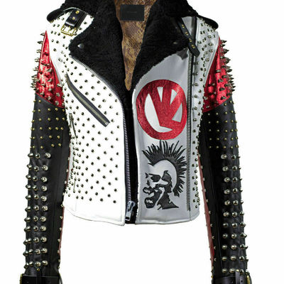 Men's handmade victor luna white black studded rock punk genuine leather jacket - Thumbnail 3