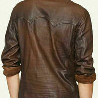 Men's Leather Shirt Genuine Lambskin Soft Basic Vintage Jacket Biker Slim Fit men - Thumbnail 2
