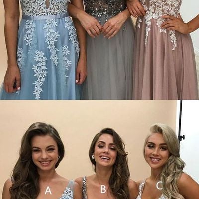Charming a-line v neck tulle long prom dresses,2020 evening party dresses - Thumbnail 1