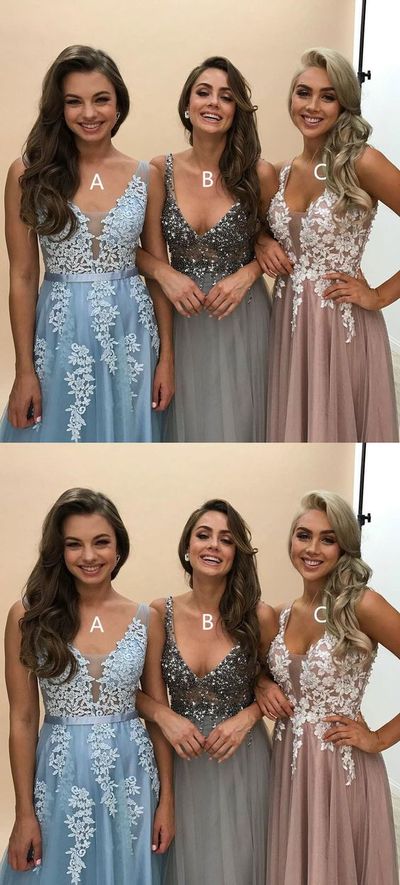 Charming A-Line V Neck Tulle Long Prom Dresses,2020 Evening Party Dresses