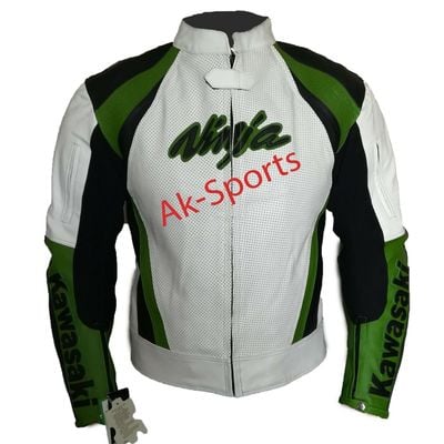 Men's motorcycle biker leather jacket, padded jacket, white green jackets