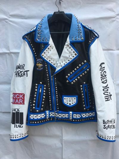 Men's silver studded genuine leather jacket, Rock punk blue white biker jacket