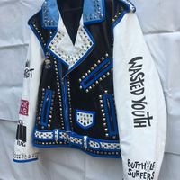 Men's silver studded genuine leather jacket, Rock punk blue white biker jacket - Thumbnail 3