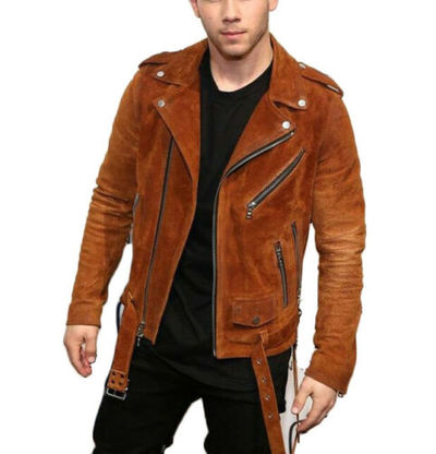 Singer Nick Jones Suede leather Brando style Suede Leather jacket Mens
