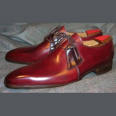 Men's handmade pointed toe burgundy leather lace up shoes - Thumbnail 3