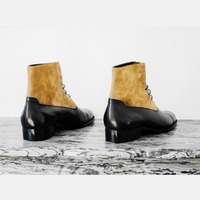 Men's Handmade Ankle High Beige Black Leather Suede Lace Up Boot - Thumbnail 2