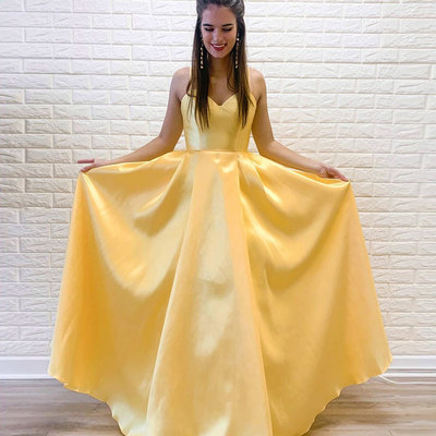 Yellow satin long prom dress evening dress - Thumbnail 5