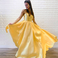 Yellow satin long prom dress evening dress - Thumbnail 1
