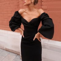 Sexy Long-Sleeved Word Shoulder Backless Dress - Thumbnail 3