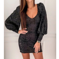 Deep V-neck Sexy Puff Sleeve Sequin Dress - Thumbnail 1