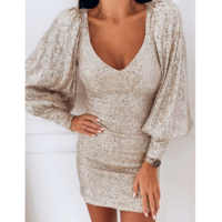 Deep V-neck Sexy Puff Sleeve Sequin Dress - Thumbnail 2