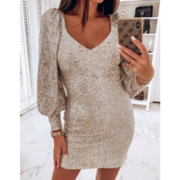 Deep V-neck Sexy Puff Sleeve Sequin Dress - Thumbnail 3