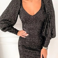 Deep V-neck Sexy Puff Sleeve Sequin Dress - Thumbnail 4