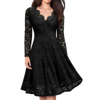 Lace V-neck Long Sleeve Dress - Thumbnail 1