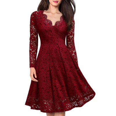 Lace v-neck long sleeve dress - Thumbnail 5